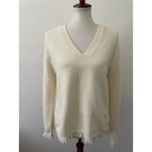 Anthropologie Pullover Sweater Fringe Trim Knit Ivory FLAW